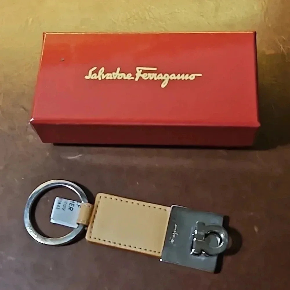 Salvatore Ferragamo Tan and Silver Key Holder